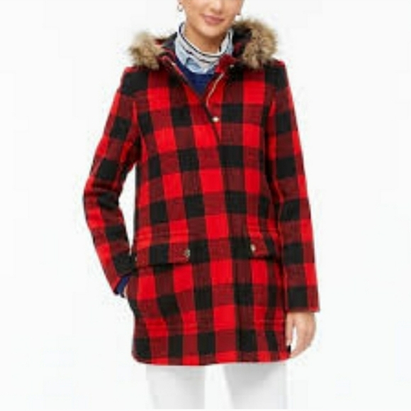 NEW J. Crew Vail Parka Buffalo Plaid Wool BC287 Pea Coat Classic Hooded Faux Fur - Picture 13 of 16